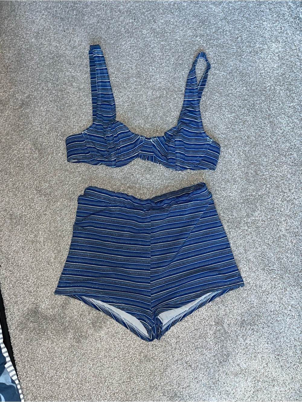 Blue Striped Women's Bikini Top & High-Waist Shorts Set